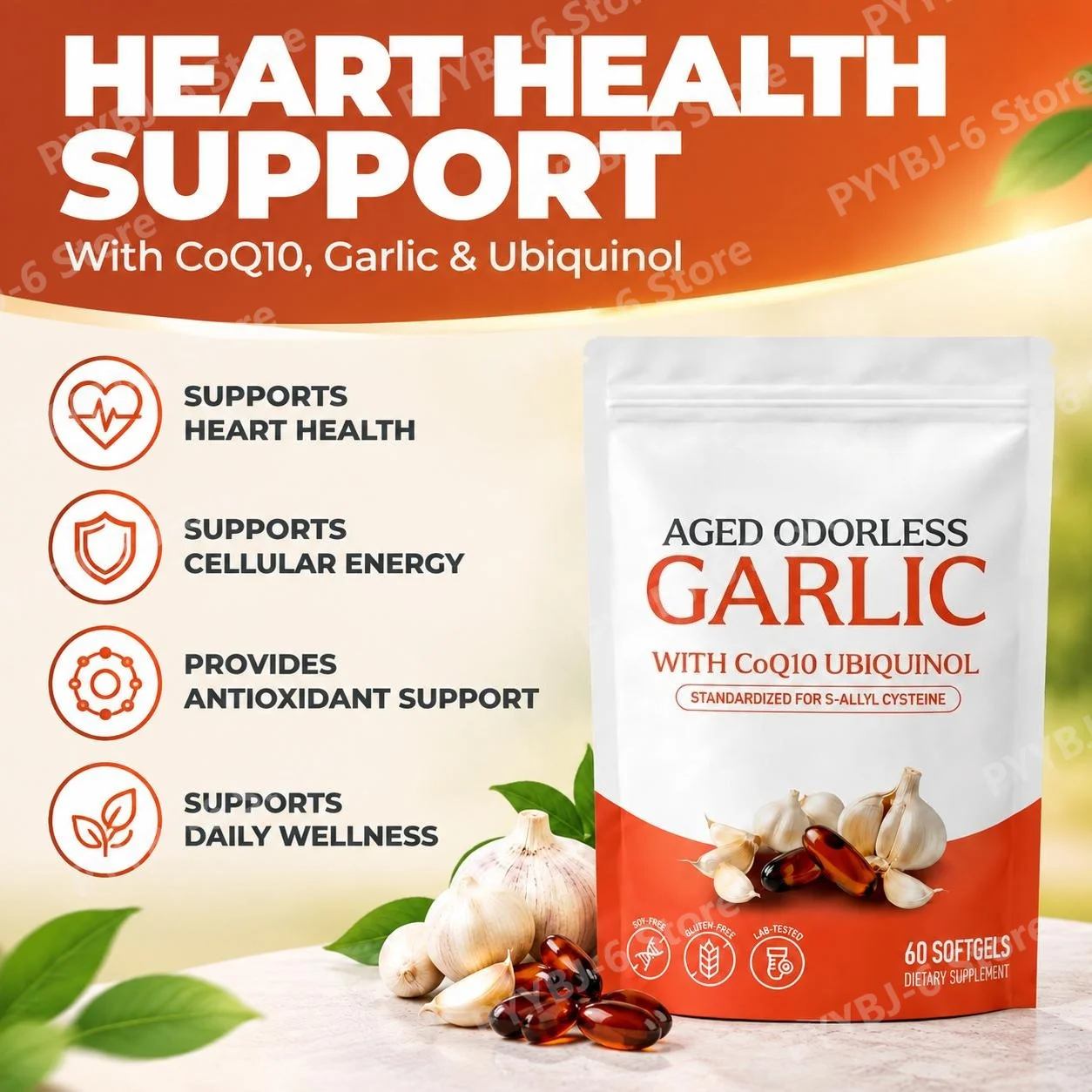 Aged Odorless Garlic Softgels with CoQ10 Ubiquinol, Standardized for S-Allyl Cysteine, Antioxidant Support, 60 Softgels