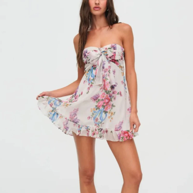 

2025 Summer New Women's Fashion Joker Sexy A-line Skirt Tulle Floral Skirt Sleeveless Elegant French Print Dress Lady
