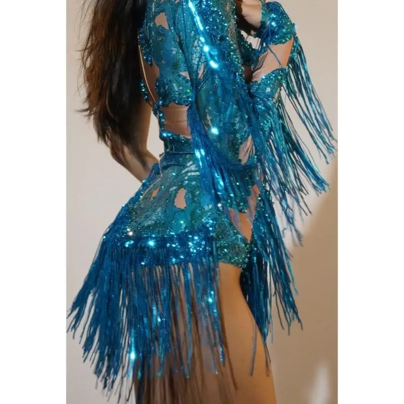 39BD Quasten Skinny Leotard Raves Festival Outfits Latin Dance Kostüm Fransen Bodysuit – Detail 5