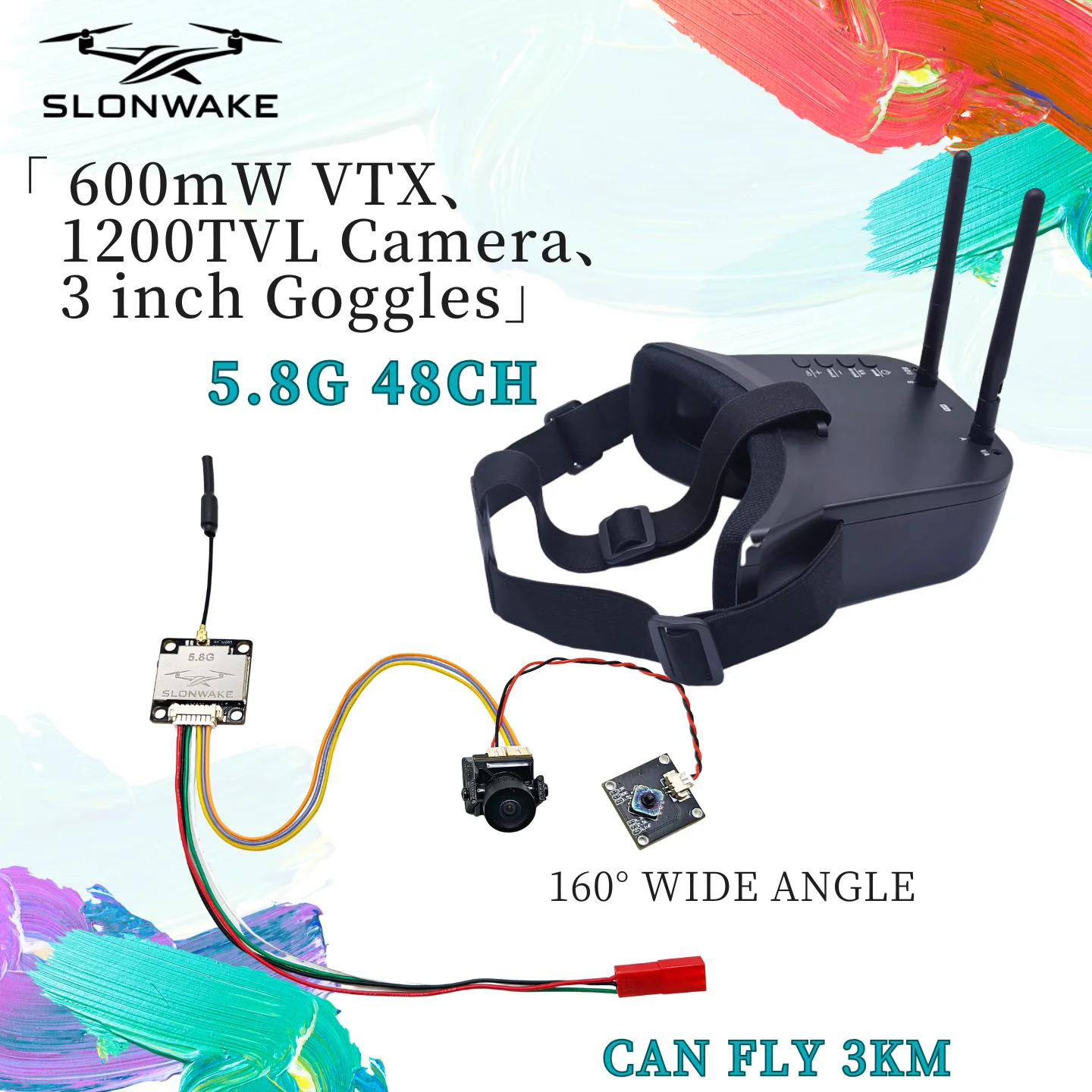 

SLONWAKE 5.8G 48CH 600mW VTX Transmitter with 1200TVL fpv camera and VR FPV Goggles 3 inch 480*272px Video Headset HD Glasses