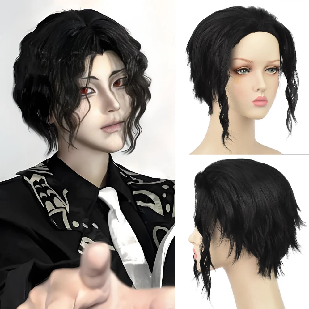 أنيمي Muzan Kibutsuji تأثيري الشعر الاصطناعية 12 بوصة أسود منتصف جزء قصير مجعد الشعر اليومي شعر مستعار للحفلات ارتفاع درجة الحرارة الحرير #1