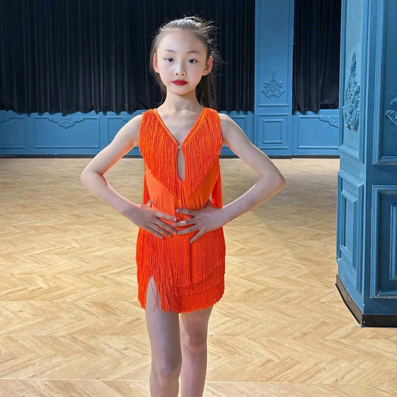 Orange Full Fringed Suit Girls Latin Dance Perofrmance Costumes Sleeveless Chacha Tassels Top Samba Skirts Stage Dresses SL10081