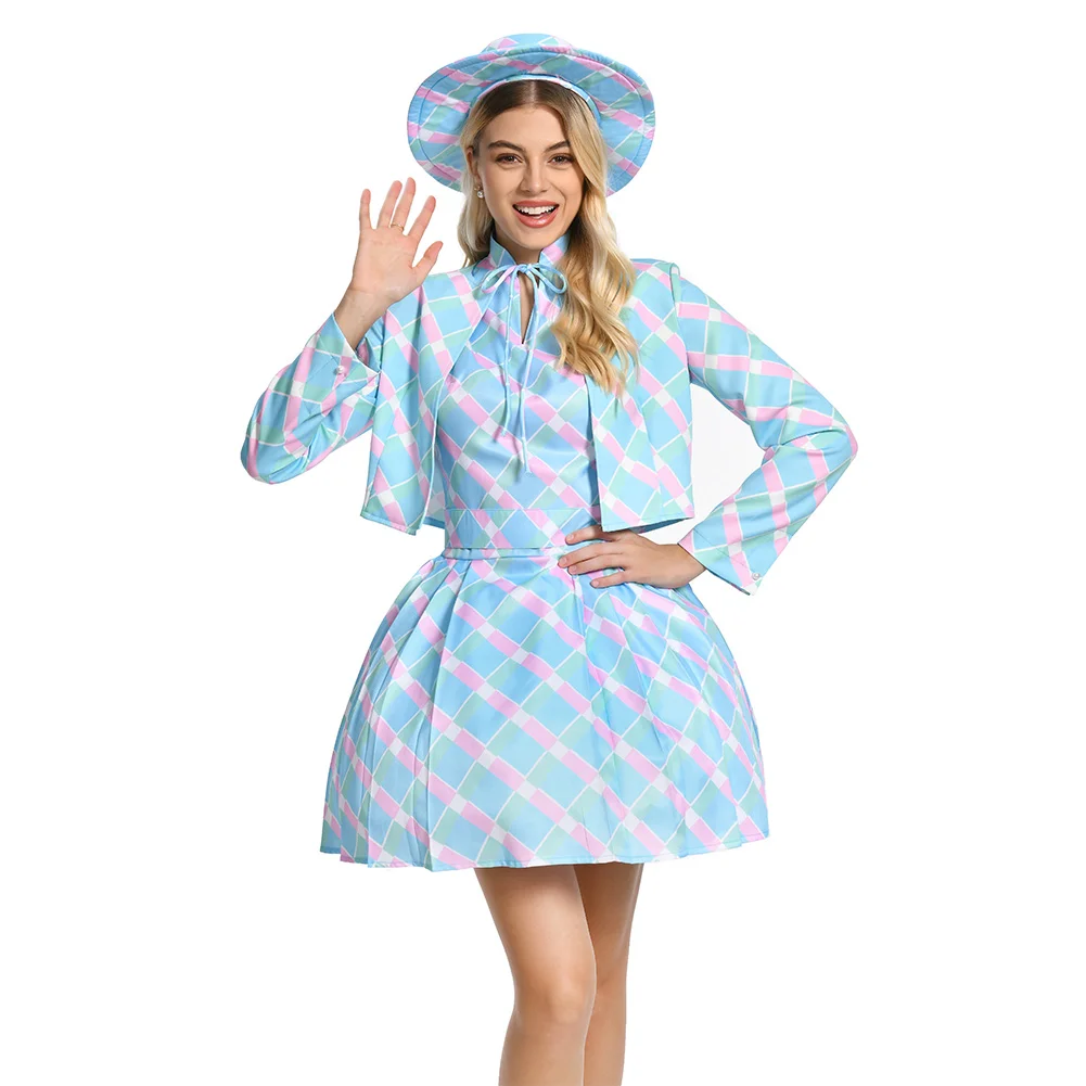 Margot Cosplay Fantasia Cute Blue Plaid Hat Dress 2023 Movie Barbei Costume Disguise Adult Women Fantasy Outfit Female Halloween