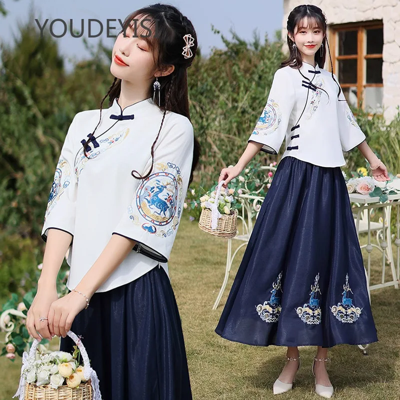 

YOUDEYISI New Chinese Tang Style Chinese Style Embroidery Retro Hanfu Cheongsam Chinese Style Button Skirt