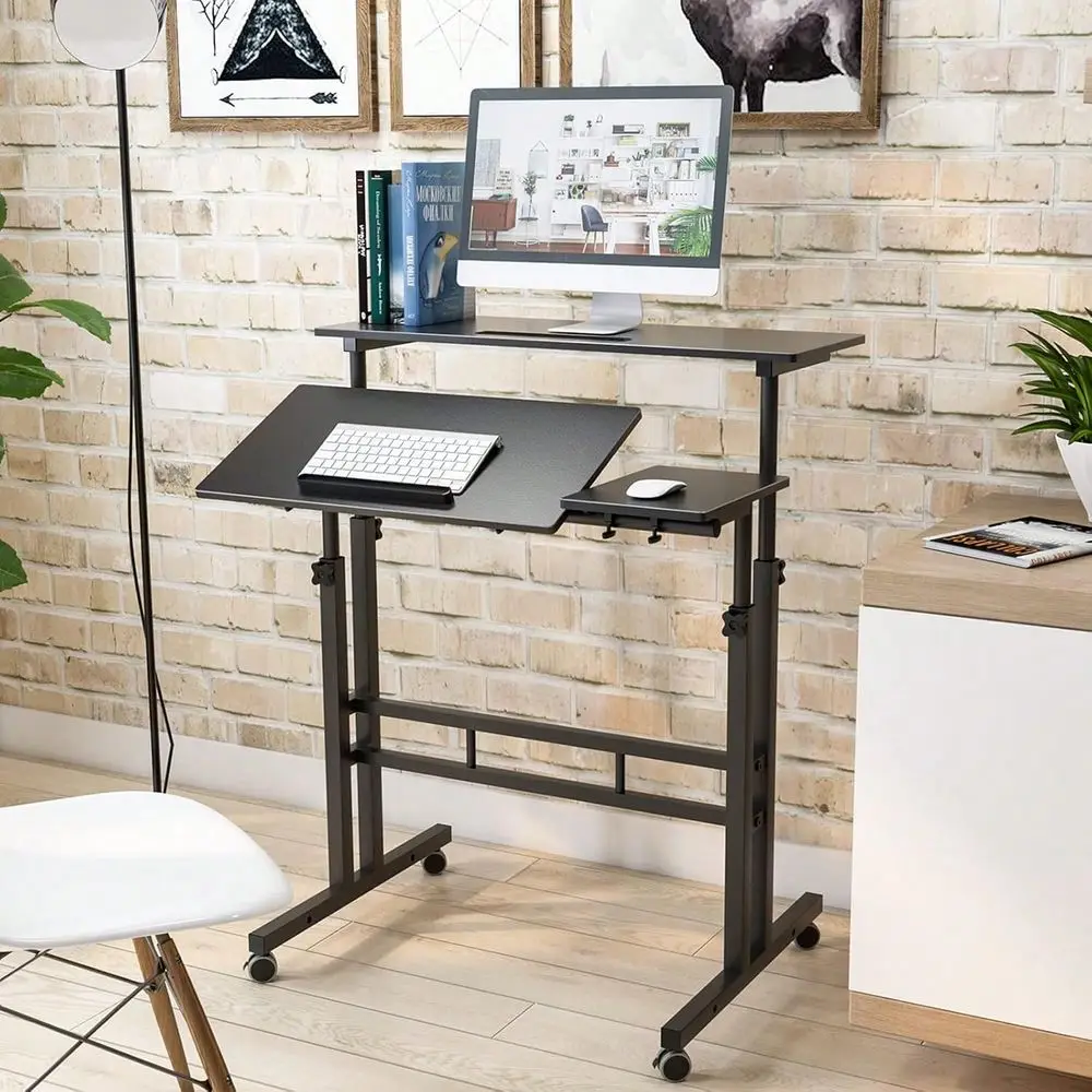 

Liftable Computer Desk, Wooden Desk With Rolling Wheels Mobile, Free Height Adjustment, Black