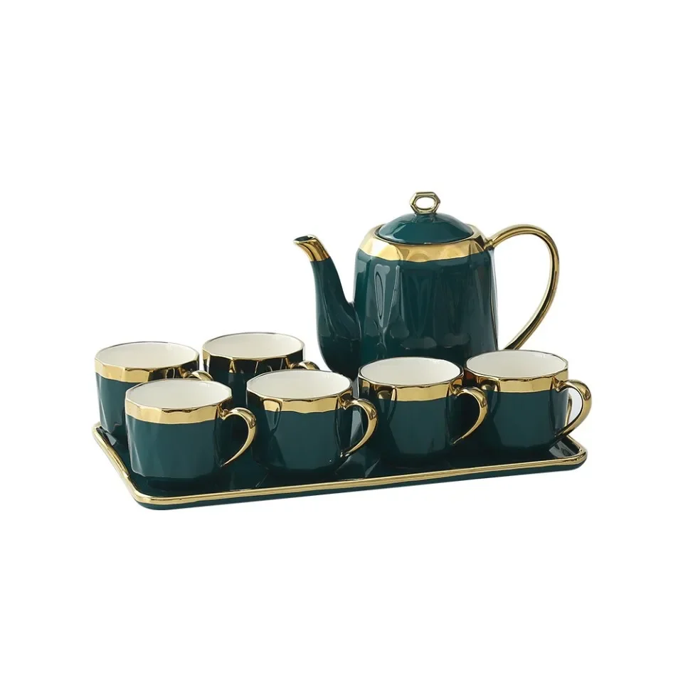 Classical design royal green porcelain coffee tea pot six cups set european luxury ceramic  sets with gift box