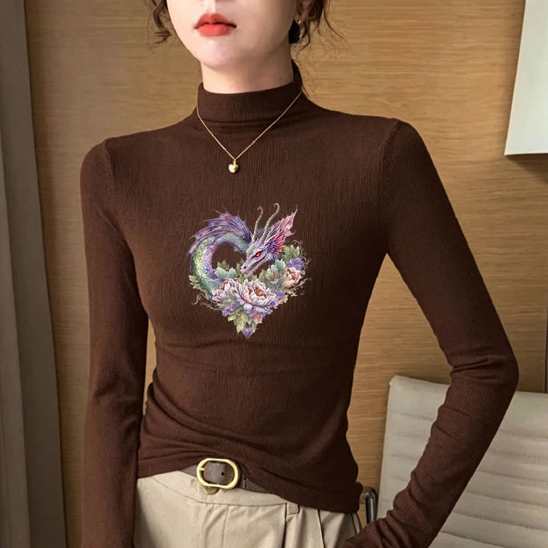 Winter Women's Thermal Brushed Fleece Half Mock Neck Long Sleeve T Shirt Purple Dragon Peony Heart Graphic Warm Tee