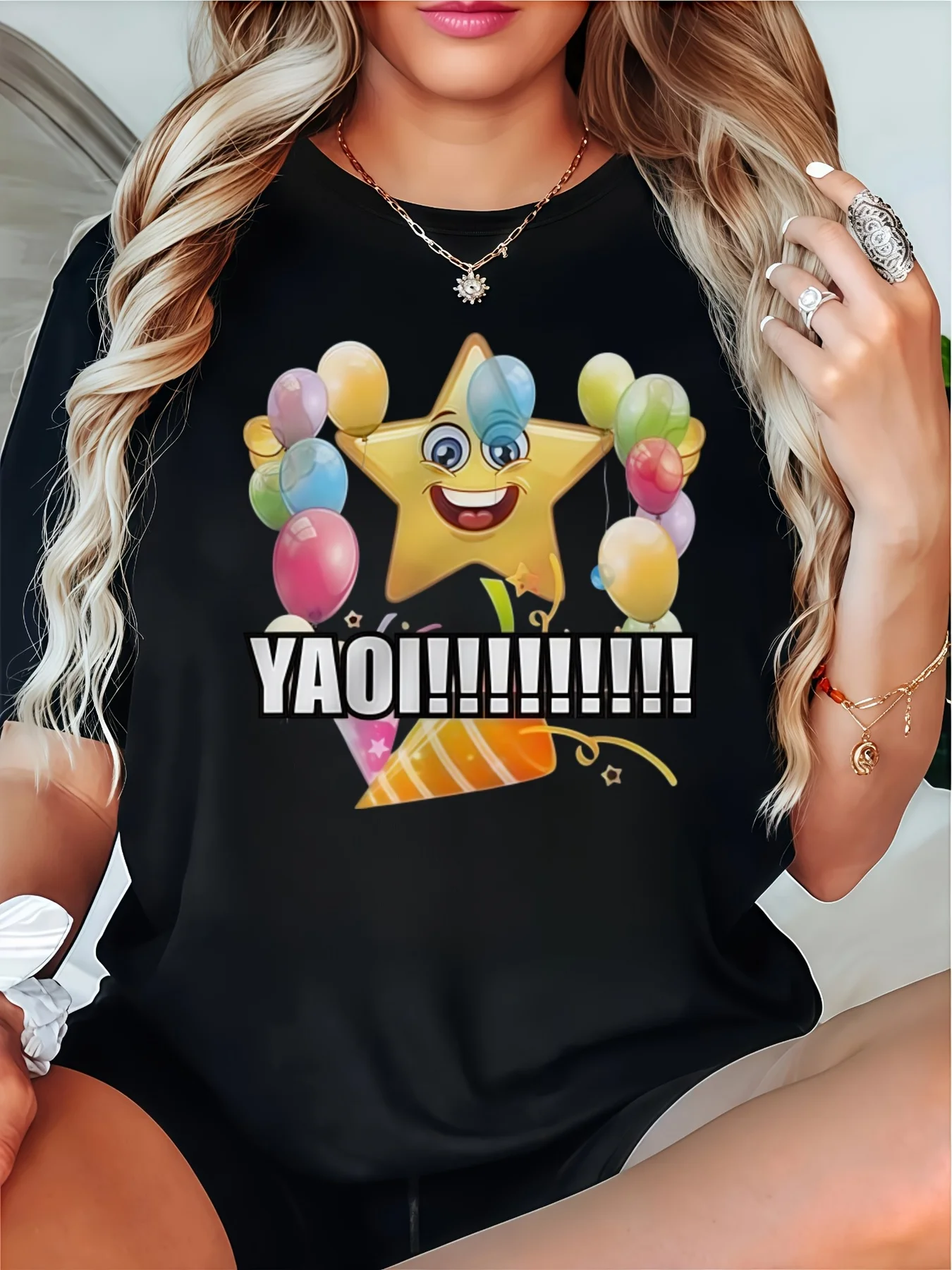 Suitable for Teenagers Black Short Sleeve Graphic T-Shirt, Cute Smiling Star Colorful Balloon Print, Casual Party Wear, Fun YAOI Design, For Teenager
