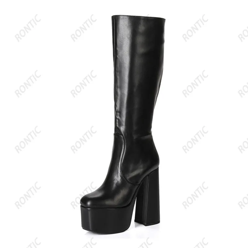 Rontic Women Platform Knee Boots Faux Leather Side Zipper Chunky Heels Round Toe Elegant Black Party Shoes US Size 5-15