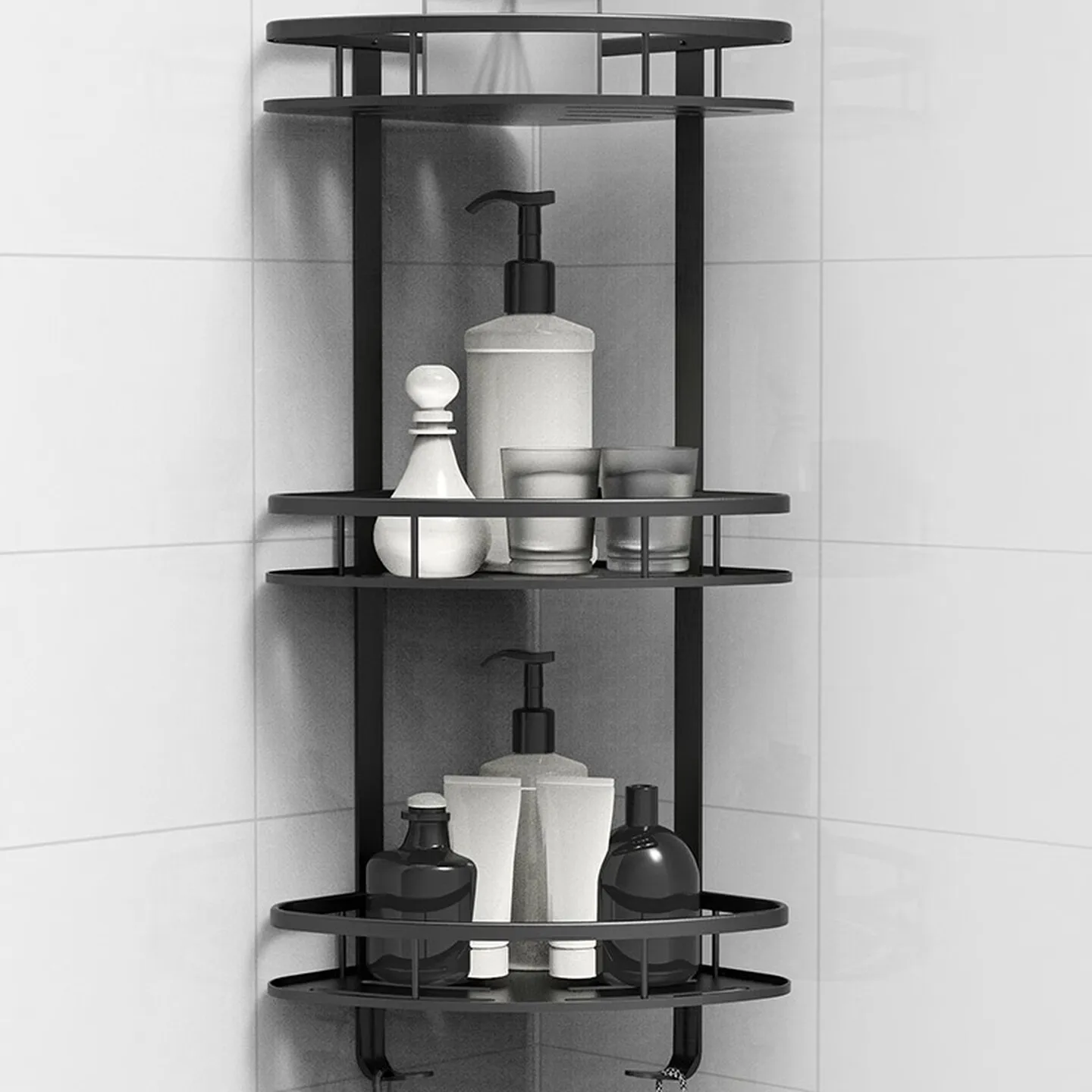 3 Tier Aluminum Corner Shower Shelf Gunmetal Gray No Drill Bathroom Organizer Rust Resistant Wall Storage for Home 욕실 코너 선반