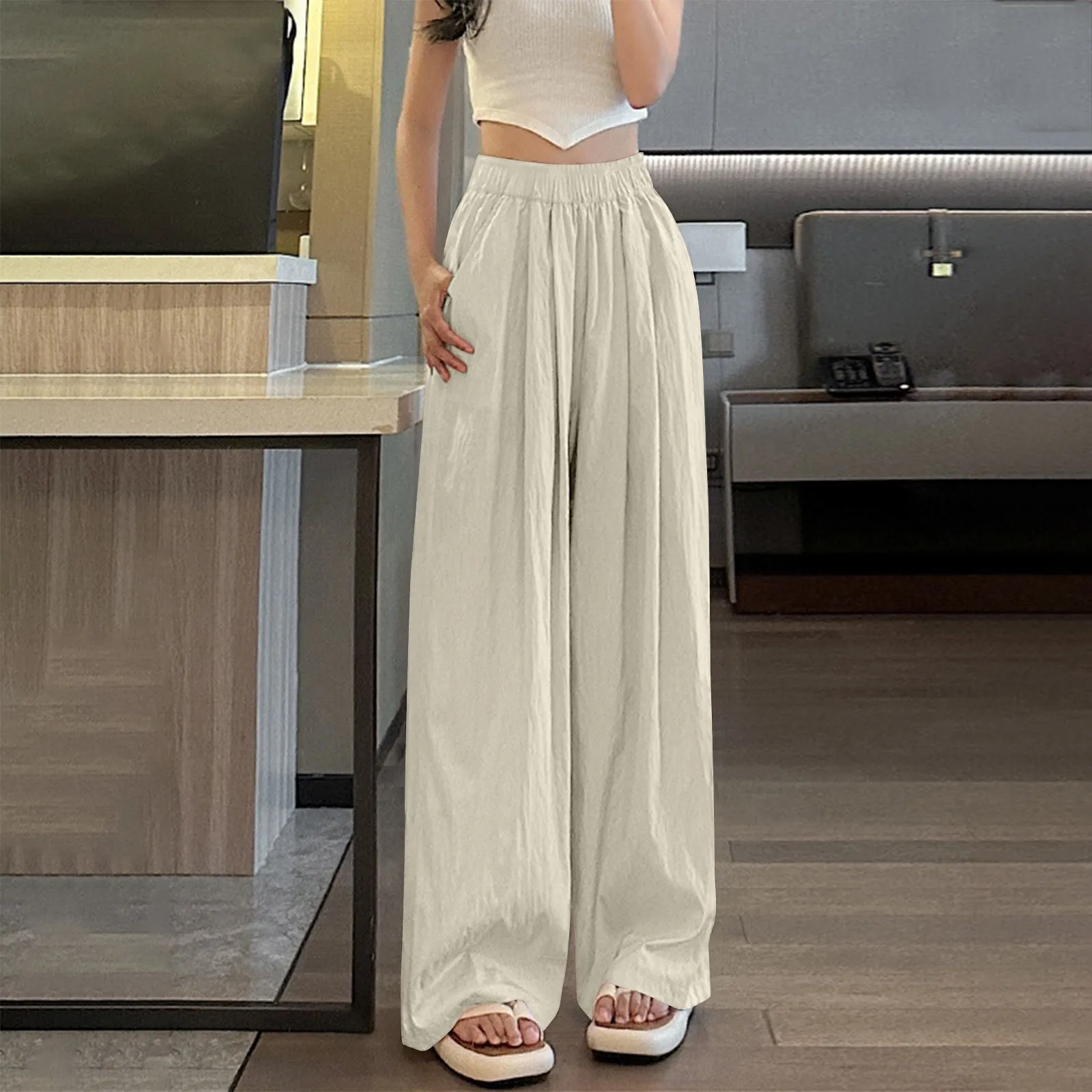 Ice Silk Wrinkled Pants Spring And Autumn New Ladies Ice Silk Light Wide Leg Trousers Solid High Waist Loose Wild Straight Casua