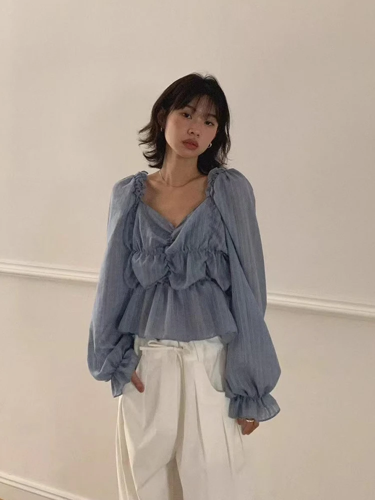 シックなVネックプリーツテクスチャルーズロングスリーブ薄手韓国風通勤ファションレディースプレミアム服秋の新作