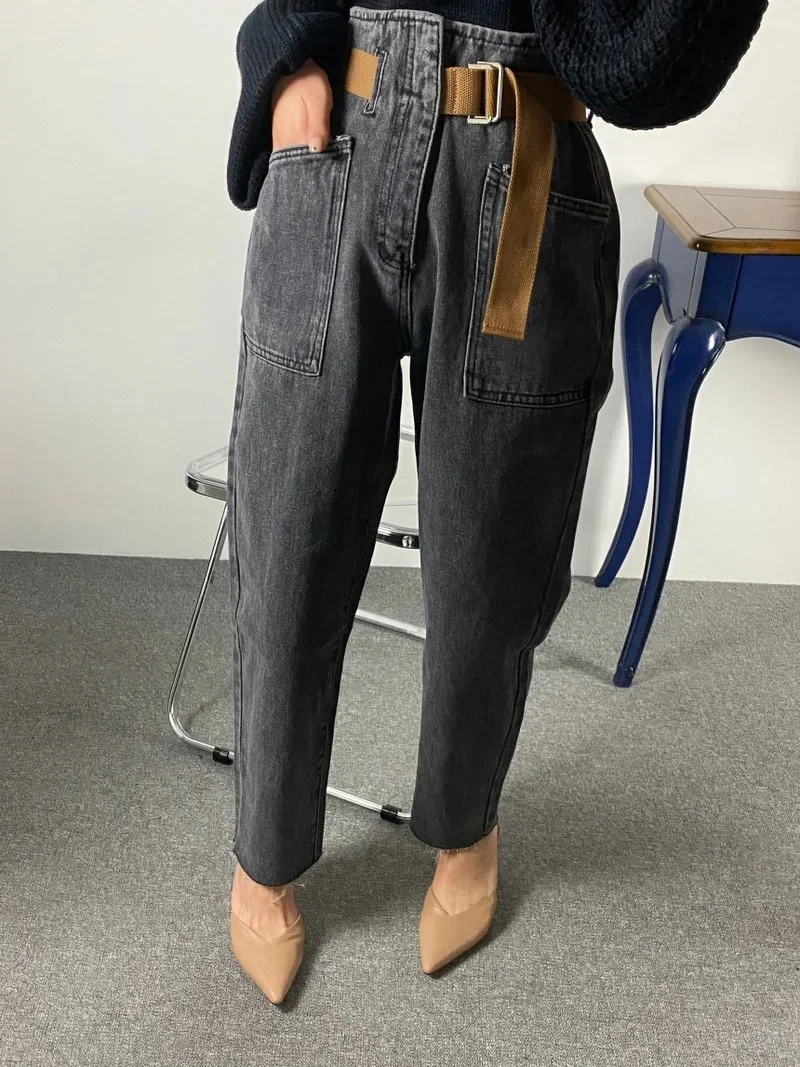 Fashion Vintage Mom Jean Loose Washed Denim Trousers 2024 Women Korean High Waist Ankle Length Baggy Belted Harem Jeans Pants