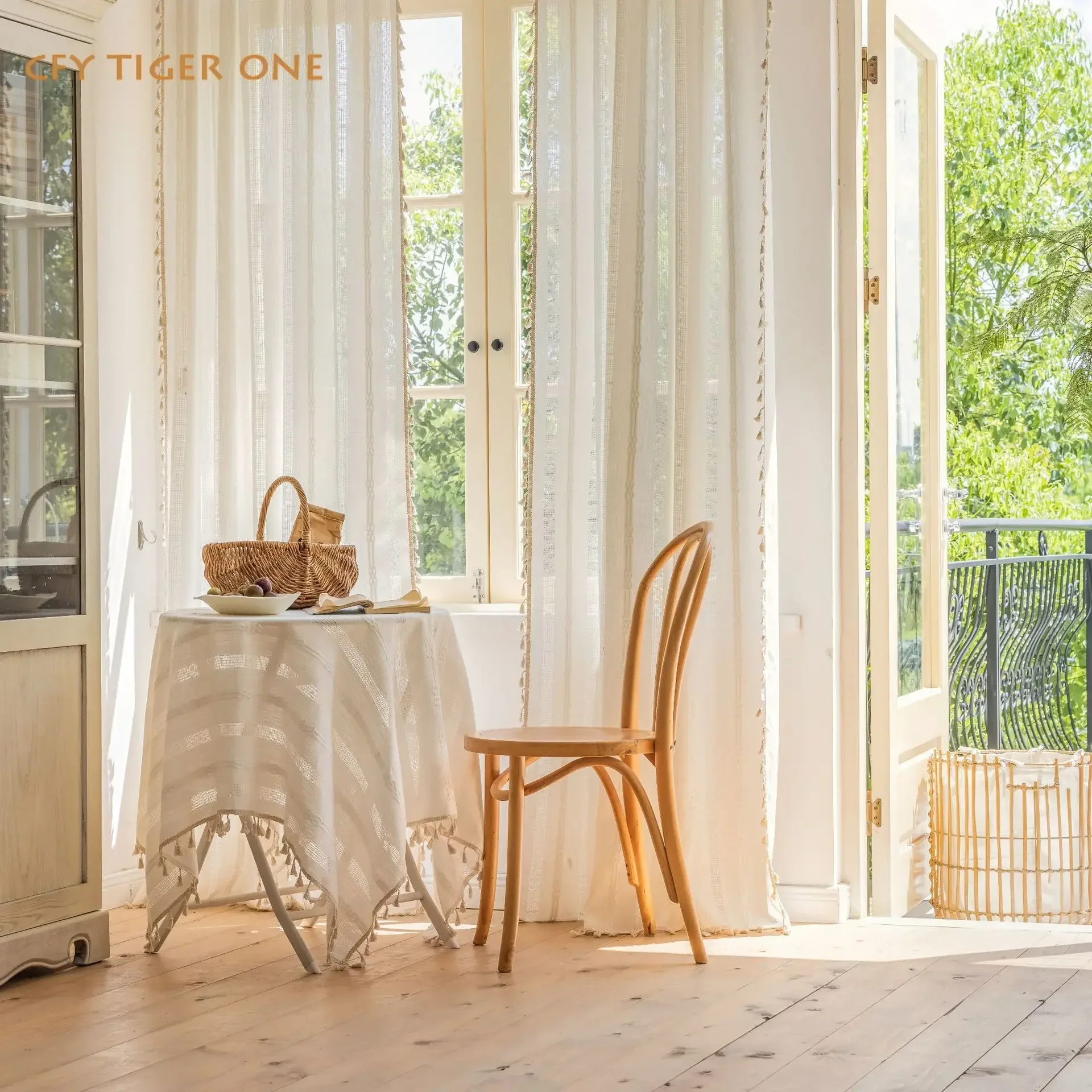 

Cotton Linen Solid Striped Embroidery with Tassel Window Curtain Semi-shading Drapes for Living Room Bedroom Kitchen Door Drapes