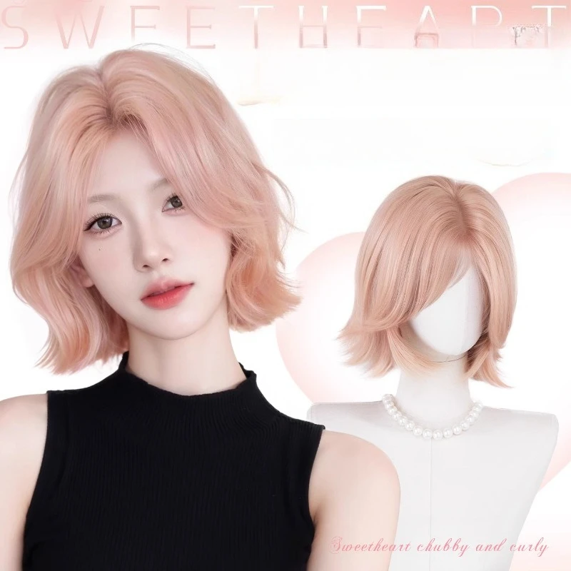 

synthetic wig for women, Korean-style middle part with curly short hair, gold powder Barbie Lolita realistic wig