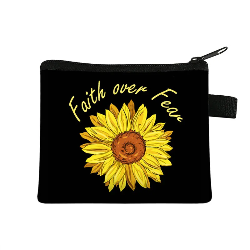 Sunflower Faith Hope Love Coin Purse Woman Sunflowers Butterfly Wallets Key ID Credit Card Holder Mini Money Napkin Bags Gift