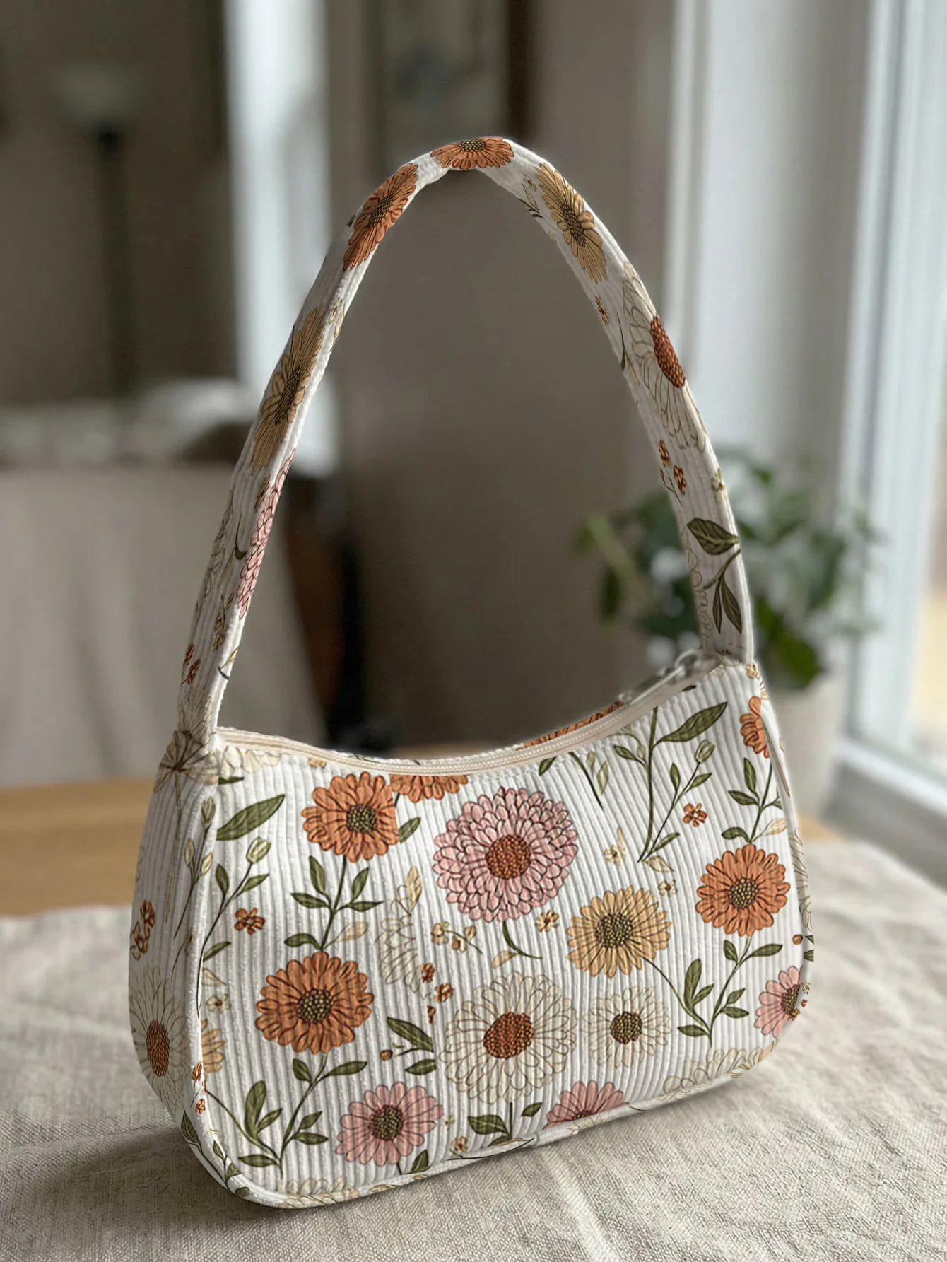 Trendy Boho Floral Print Shoulder Bag, Corduroy Underarm Bag for Daily Casual Use