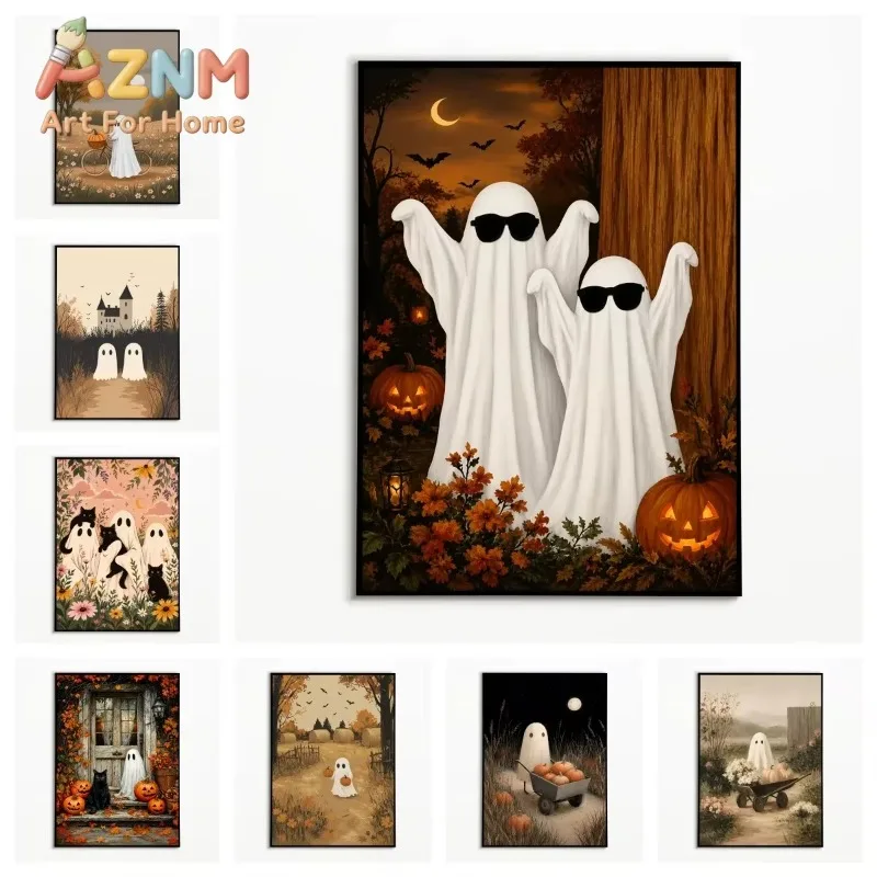 1PC Cute Sunglasses Ghost Poster Autumn Halloween Pumpkins Wall Art Vintage Farmhouse Canvas Printing Holiday Gift Fall Decor