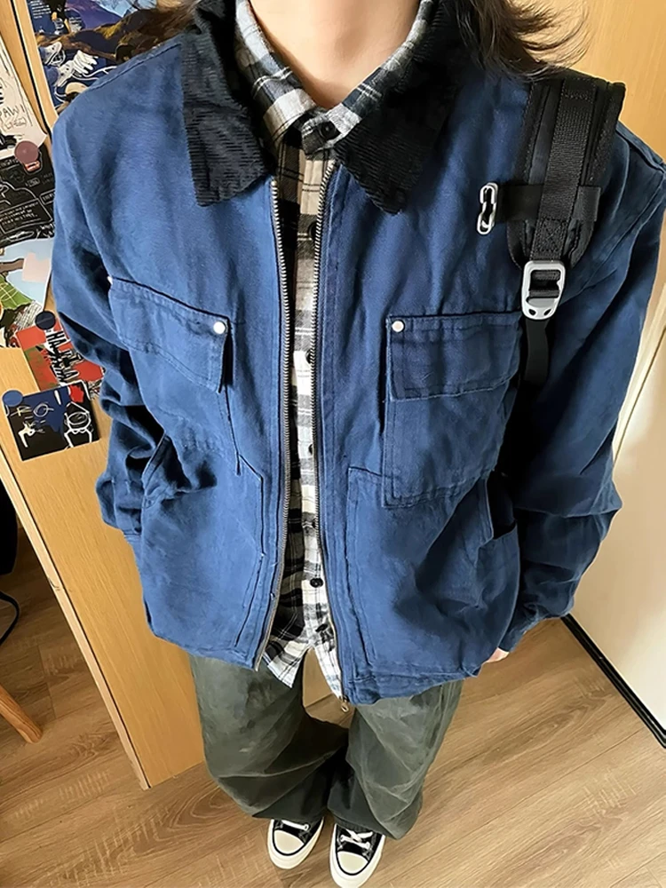 

Retro American Detroit Collar Men's Jaet ort Waed Canvas Workwear Outerwear Blue Cleanfit Autumn Youth Faion Polyeste...