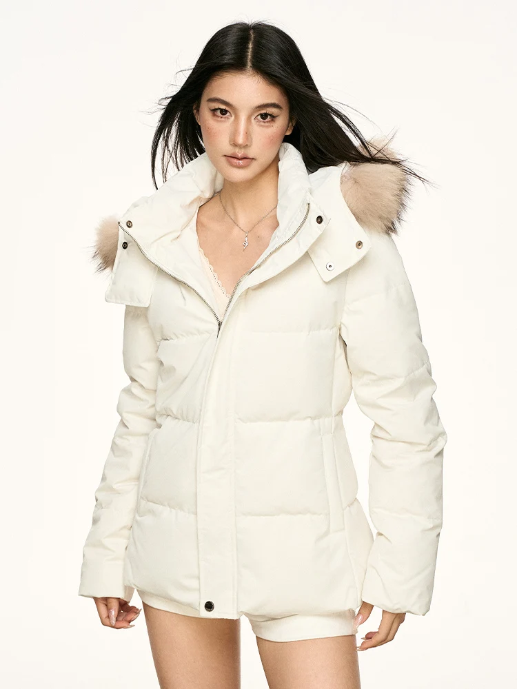 

Women's Short Thickened Winter Coat White Fur Collar Hooded Cotton Jacket Stylish Slim Fit Warm Outerwear for Autumn And Winter