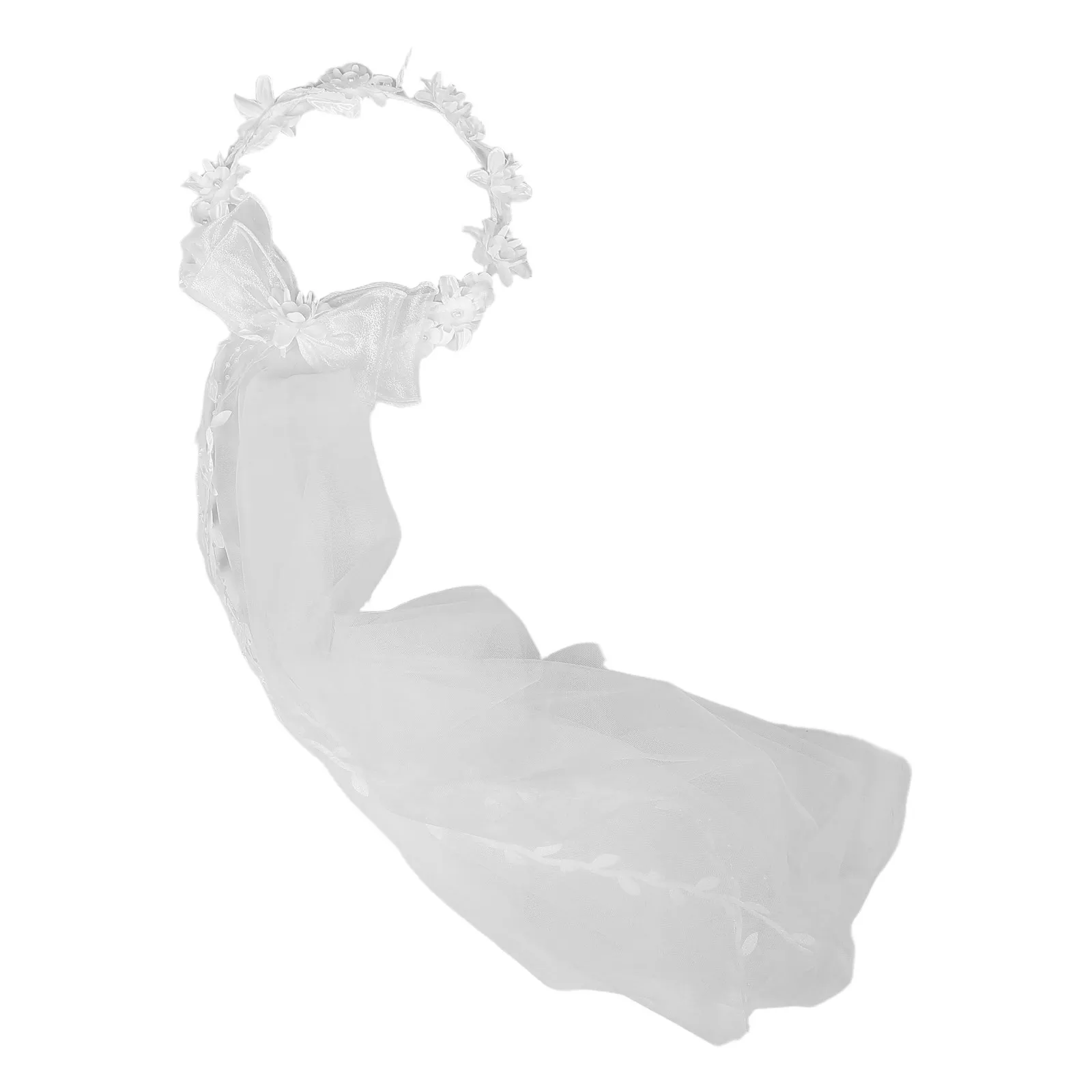 Elegant Bridal Floral Wreath Headpiece with Flowing Veil Pearl Accents and Romantic Bow Lightweight Comfortable for Wedding