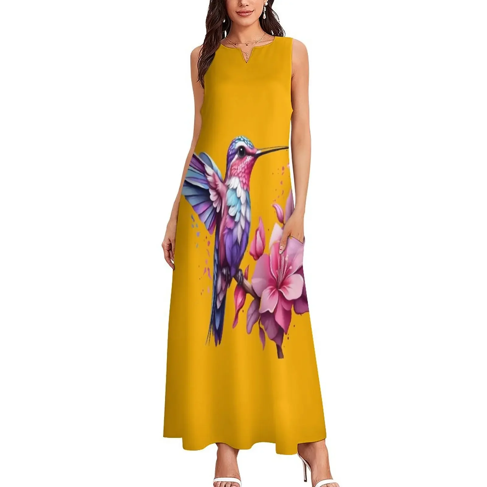 Colorful bird with flower. Long Dress elegant party dresses for women 2024 dresses for womens