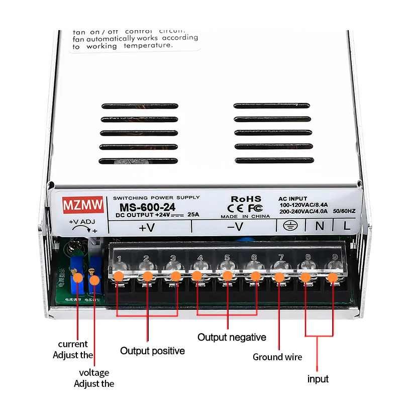 Imagem -02 - Mzmw Ms600 Fonte de Alimentação de Comutação 600w 5v 12v 24v 36 48v 60v 72 80v 110v 220v Tensão Ajustável Única Saída Ms60036