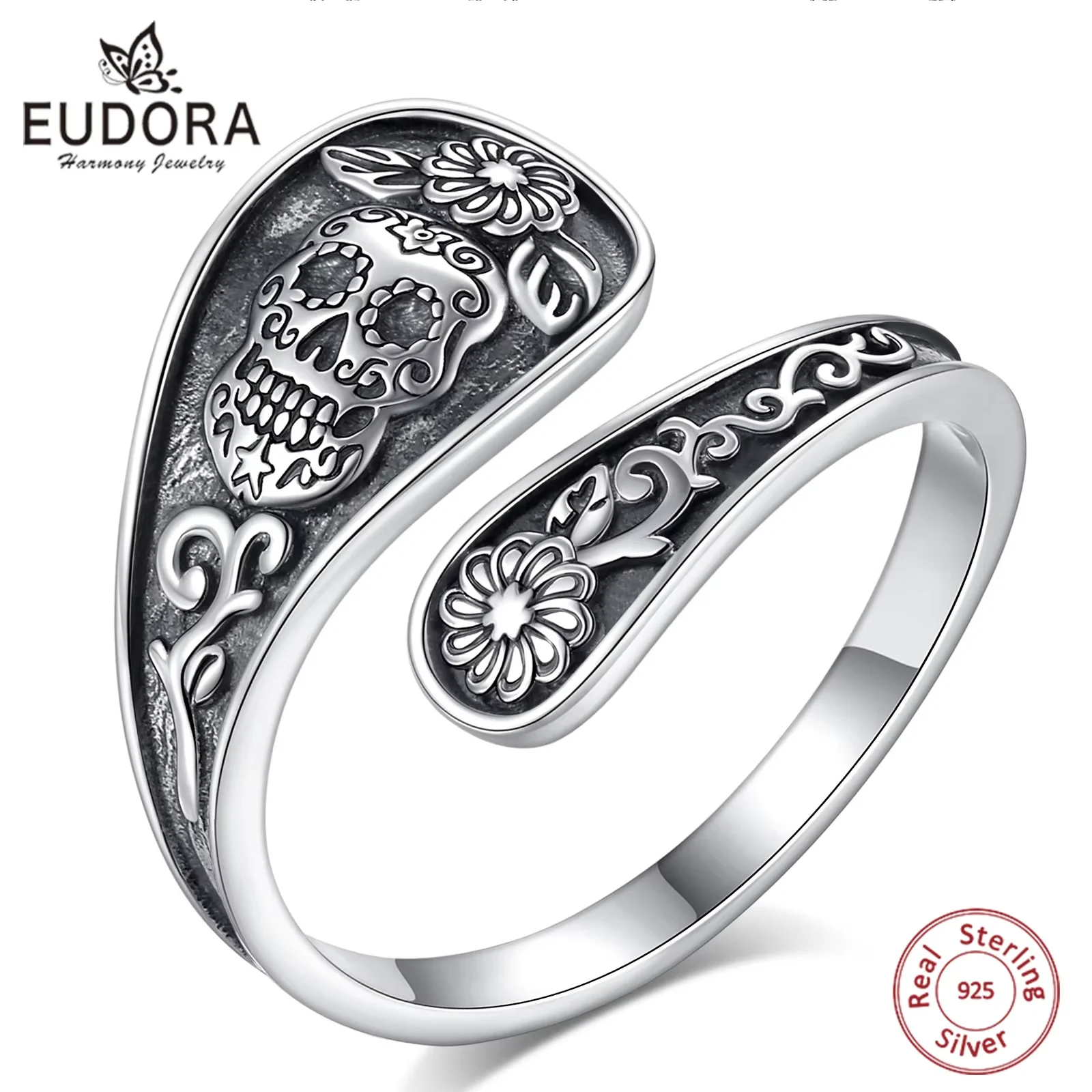

Eudora стерлингового серебра 925, готический череп, регулируемое кольцо, цветок, скелет, ложка, кольцо, индивидуальное ювелирное изделие, подарок для женщин и мужчин