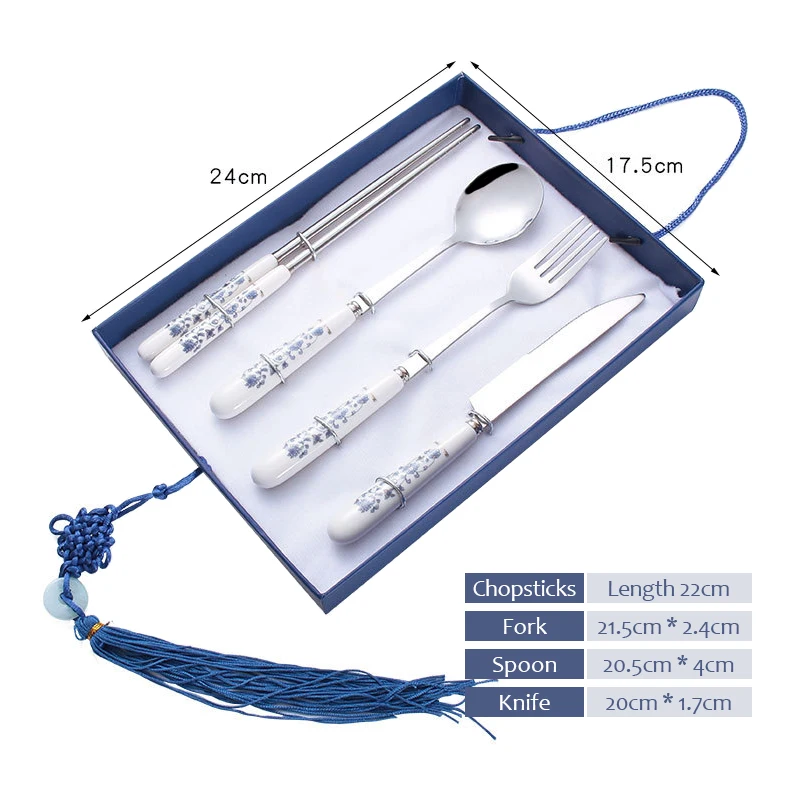 Ceramics Tableware Set Stainless Steel Porcelain Handle Cutlery Knife Fork Spoon Chopsticks Dinnerware Gift Ceramics Cutlery Set