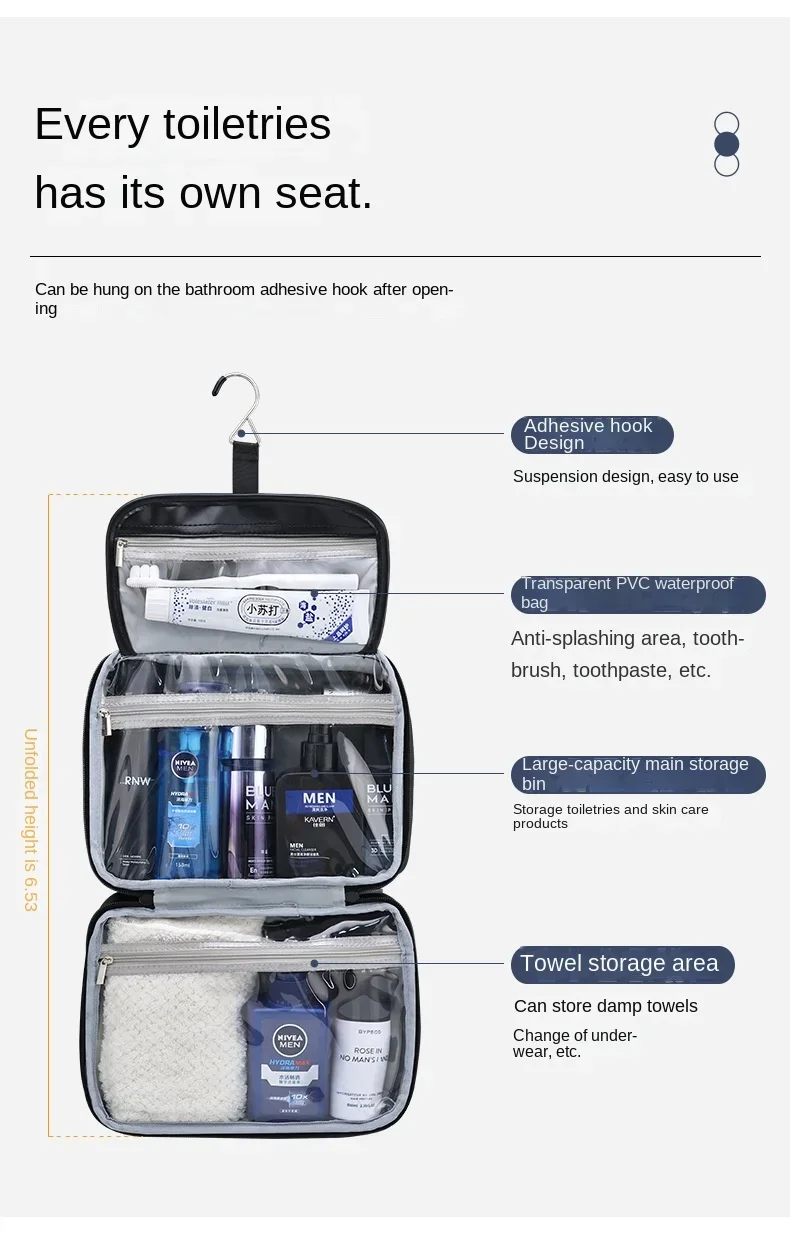 Kosmetiktaschen für Herren, Reiseutensilien, Kosmetik-Organizer, faltbar, zum Aufhängen, Aufbewahrungstasche, transparent, wasserdicht, Luxus-Make-up-Tasche – Detail 3