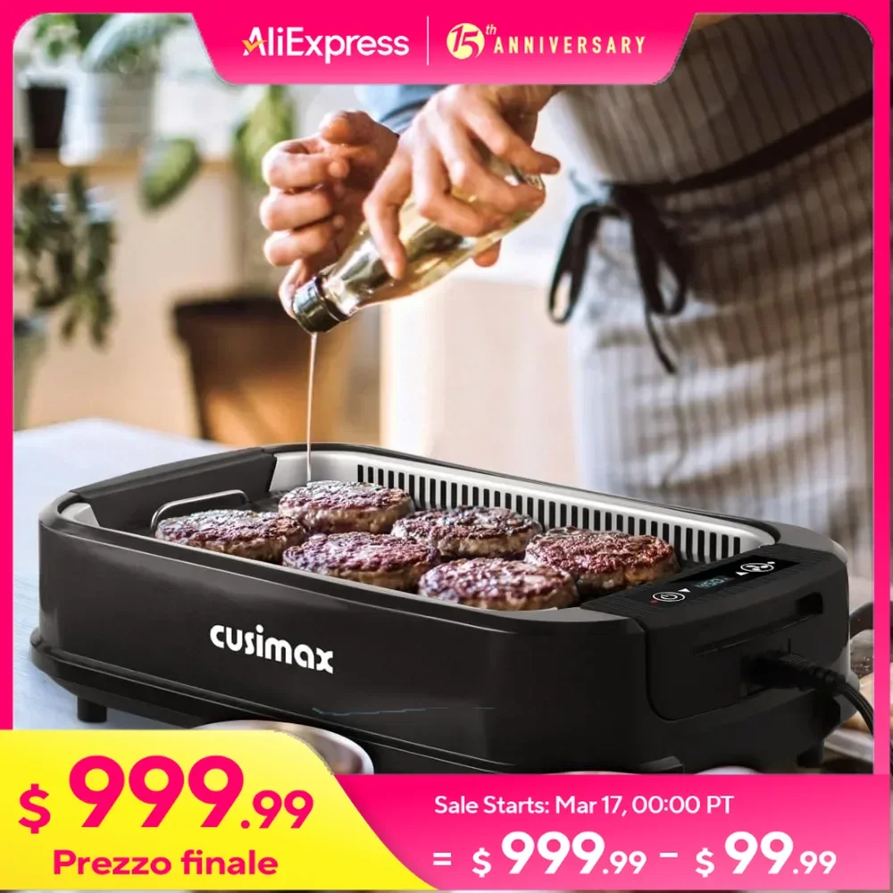 Electric Smokeless Grill, 1500W BBQ Grill, with LED Smart Display & Tempered Glass Lid, Non-stick Removable Grill Plate