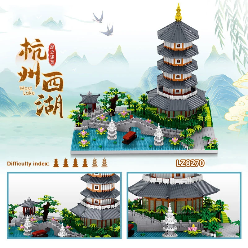 China Historical Famous Architecture Brick West Lake Leifeng Tower Micro Diamond Building Block Model Toys Nanobricks Collection