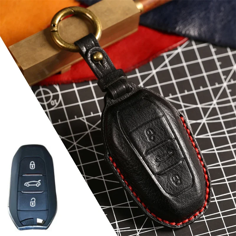 

1pc 2022 Leather Car Key Fob Case Cover Holder Shell Hood For Peugeot 308 408 508 2008 3008 4008 5008 3Button Smart Remote