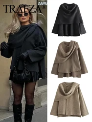 TRAFZA Elegant Woman Long Sleeve Asymmetric Scarf Decorate Short Jacket Women Autumn Single Button Casual Knitted Coat Mujer