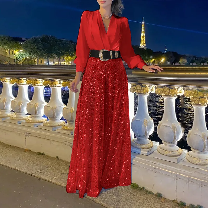 Women's jumpsuit fashion V-neck long sleeved shirt with elegant temperament slim waist and sequin wide leg pants autumn 2024