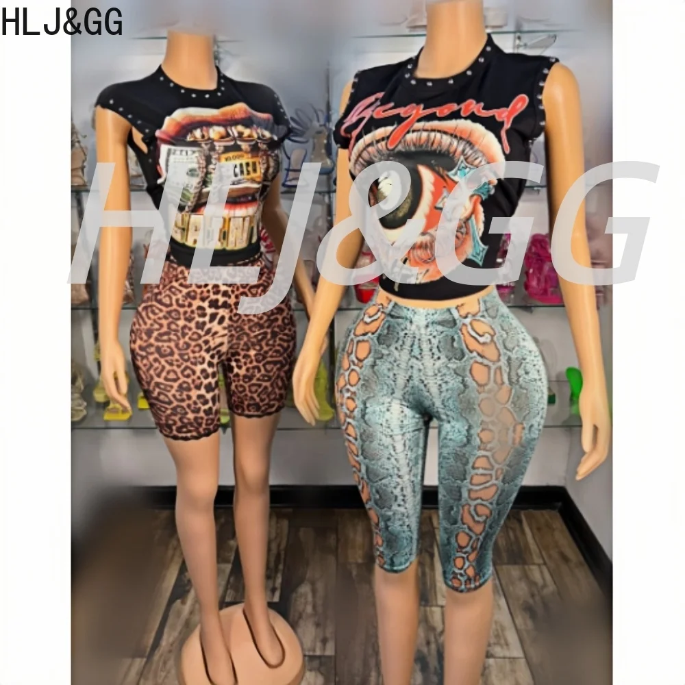 HLJ&GG Fashion Leopard Print Lace Shorts Two Piece Sets Women O Neck Letter Print Tshirt And Shorts Outfits Y2K Trend Streetwear