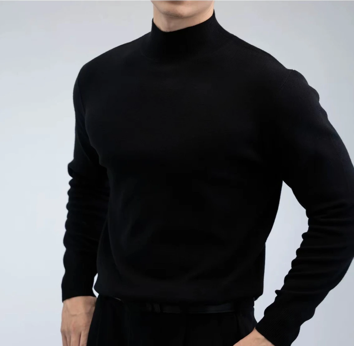 

Мужской приталенный свитер с высоким воротником, теплый трикотаж из смесовой шерсти из полиэстера, деловой повседневный пуловер, приталенный пуловер на осень-зиму