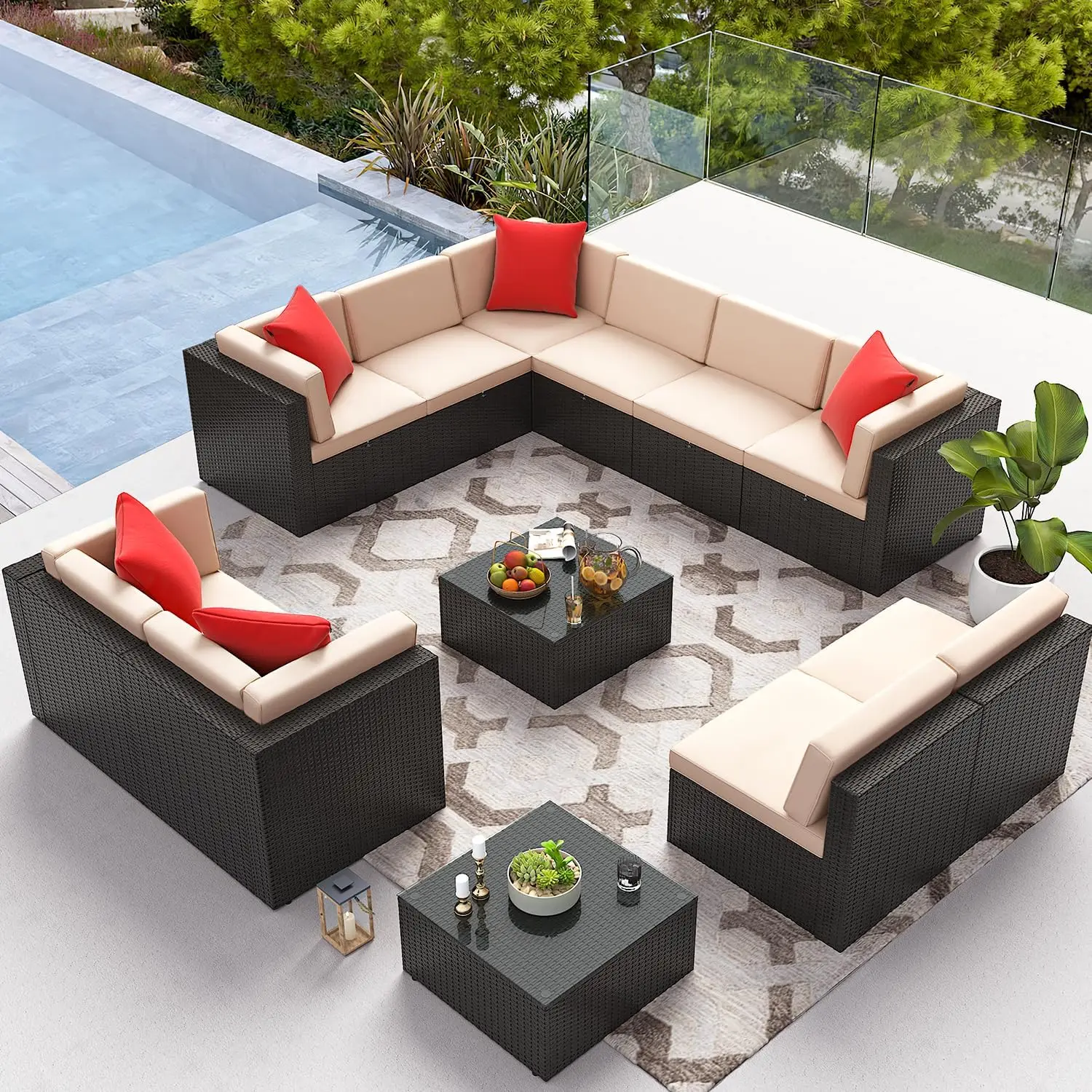 Patio Furniture Sets 12-Pieces Outdoor PE Rattan Sectional Sofa with Thickened Cushions and Glass Coffee Table, Onesize