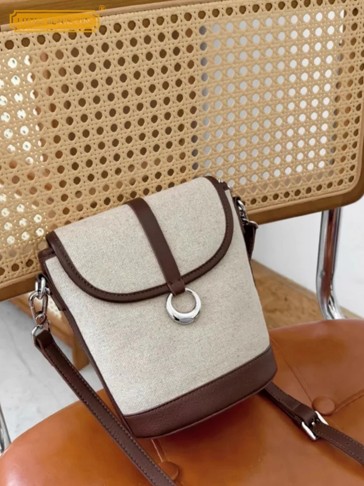 

Summer Designer Cow Splicing Cotton Linen Women Canvas Bucket Bag Casual Fashion Ladies Strap Shoulder Bag Small Flap Crossbody