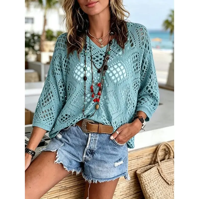Womens Crochet Cover Up Tops Summer Short Sleeve Hollow Out Sweater Shirts Boho Beach Swimsuit Coverups