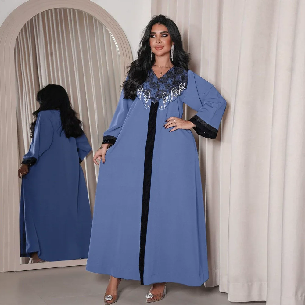 

Morocco Dubai Muslim Robe Lace Velvet Splicing Hot Diamond Dress Long Dresses Kaftan Ramadan Turkey Arab Abayas Islamic Clothing