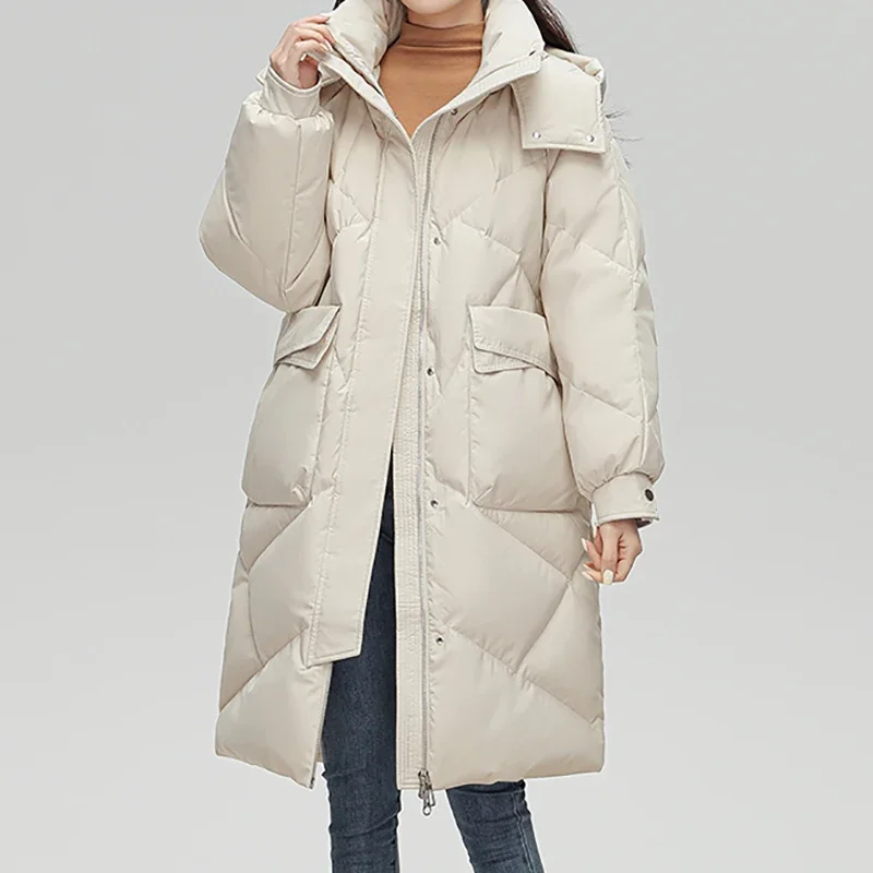 Vrouwen Ritsen Down Jas Met Capuchon Zak Dikker Thermische Lange Jas Knoppen Lange Mouw Causale Jas Kantoor Parka Herfst Winter