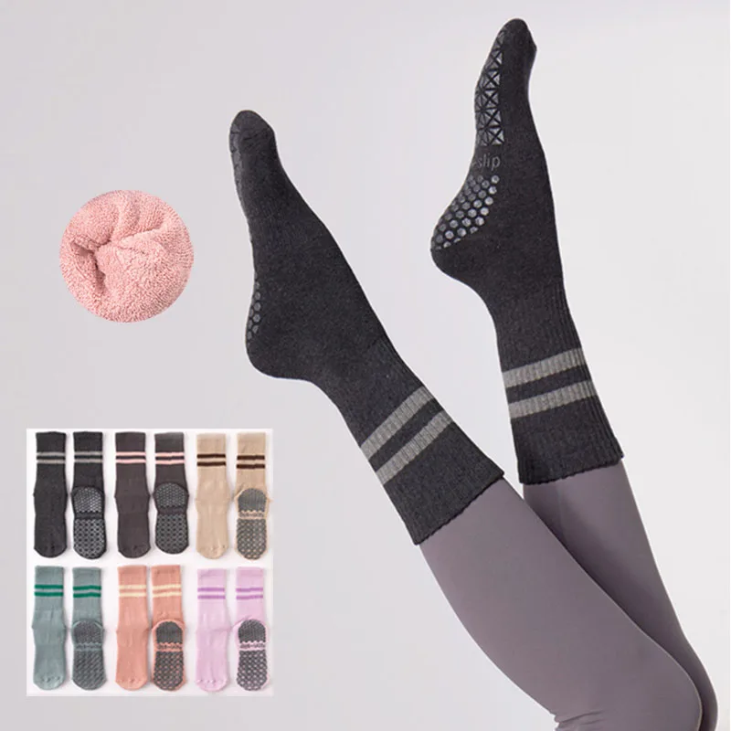 

Носки для йоги, хлопковое полотенце в полоску, силиконовые нескользящие женские теплые носки для пилатеса в горошек