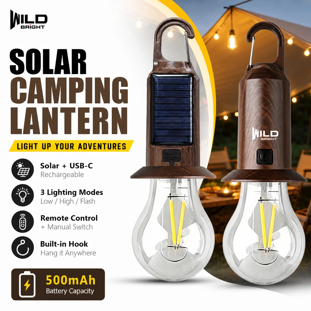 Solar Camping Lantern, Rechargeable LED Tent Light with Solar & USB-C Charging, Remote Control, 3 Modes, Hanging Hook for Patio