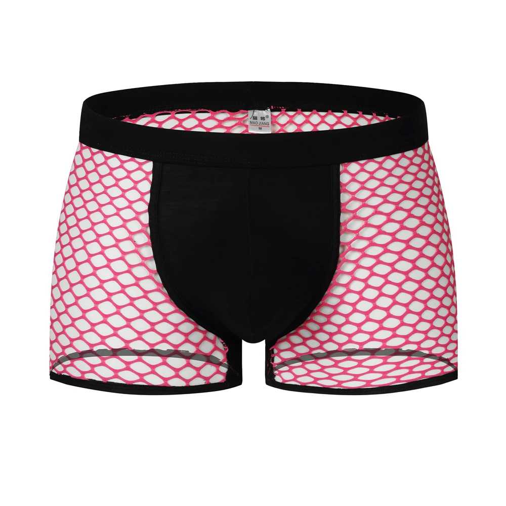 

Fish Net Hollow Transparent Hot Spicy Men Low Waist Underwear Tight Elastic Sexy Boxer Flat Pants Fitness Club Clothing Shorts