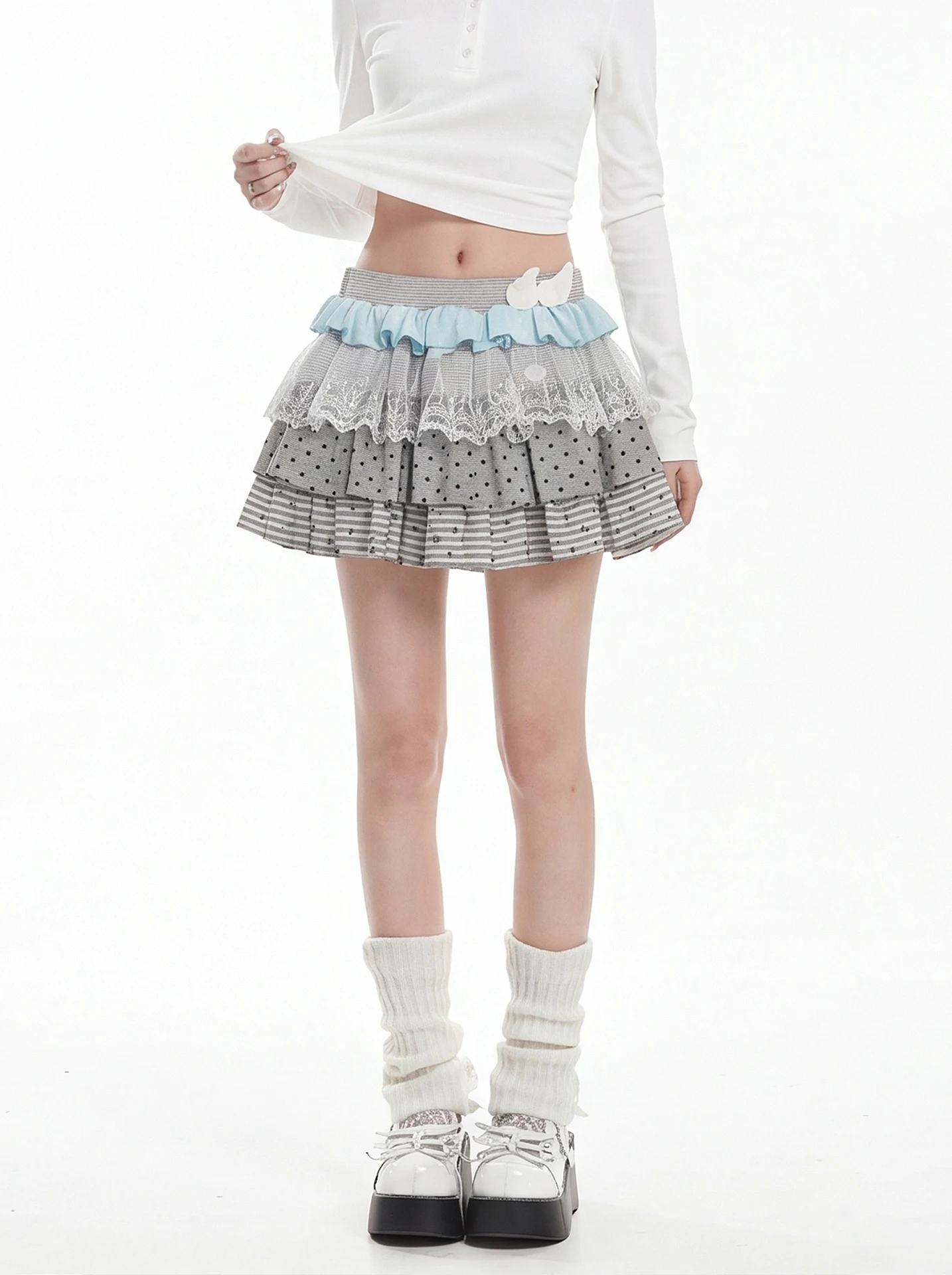 High Waist Polka Dot Layered Lace Trim Short Skirt Women's Spring Autumn College Style Design Breathable Skin-Friendly Casual...