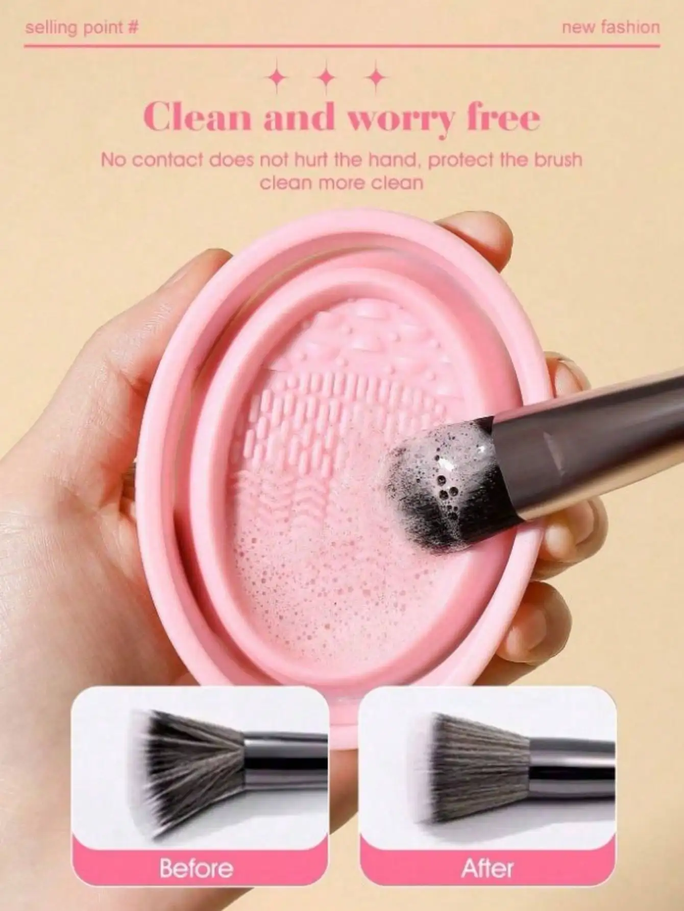 Pink Makeup Brush Cleaning Bowl Set with 1 Flocking Powder Puff & 1 Blender Sponge Beauty Blenders & Cosmetic Tools