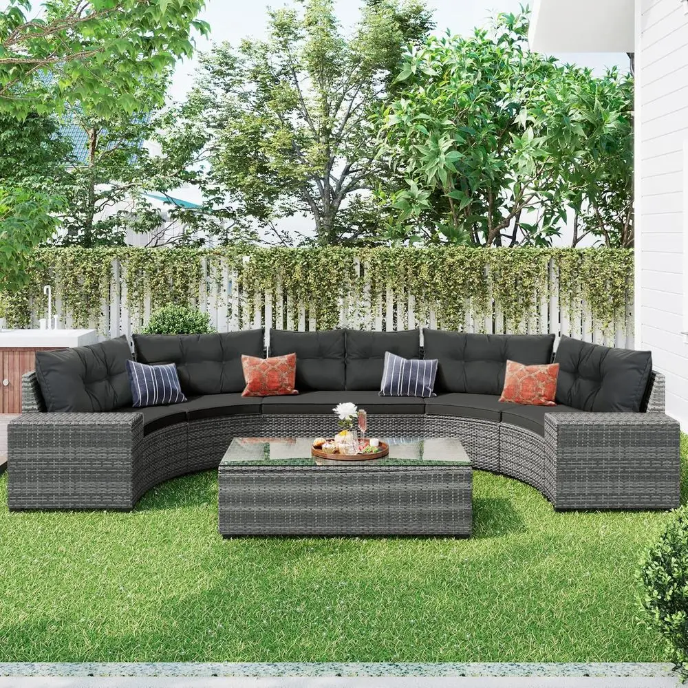 

8-pieces Outdoor Patio Hal-Moon Sectional Soa Sets With Recular Coee Table, All Weather PE Rattan Wicker Curved Soa Set, Water-r