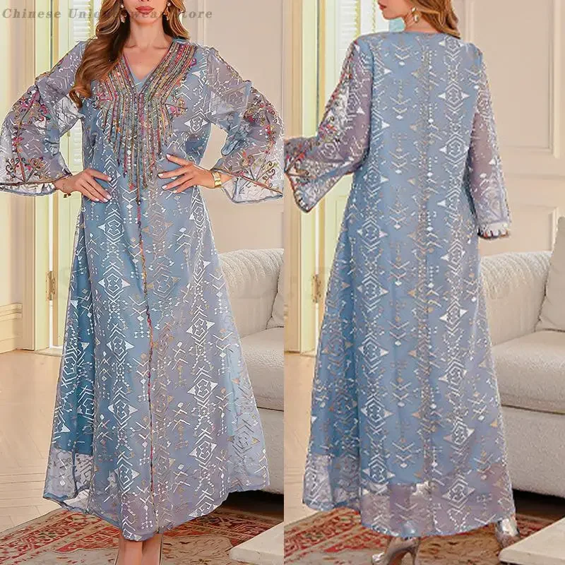 

Elegant Luxury Evening Dress Dubai Women Mesh Embroidery Muslim Abaya Jalabiya Long Sleeved Loose Robe Islamic Party Clothes