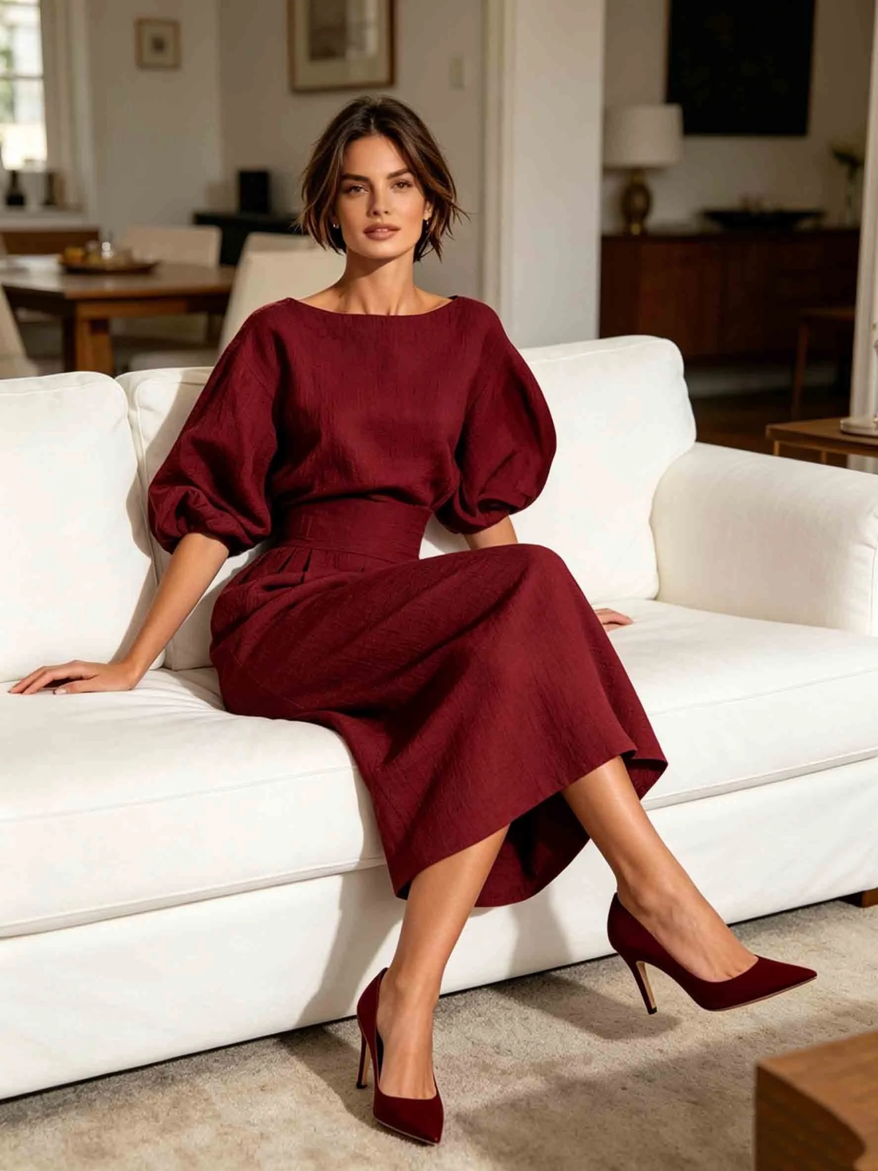 Women's Vintage Boat Neck Puff Sleeve Dress - High-Waisted Fitted Knee-Length Dress with Hidden Side Pockets, Textured Retro Midi Dress Suitable for Office Work, Urban Shopping & Casual Attire, Machine Washable